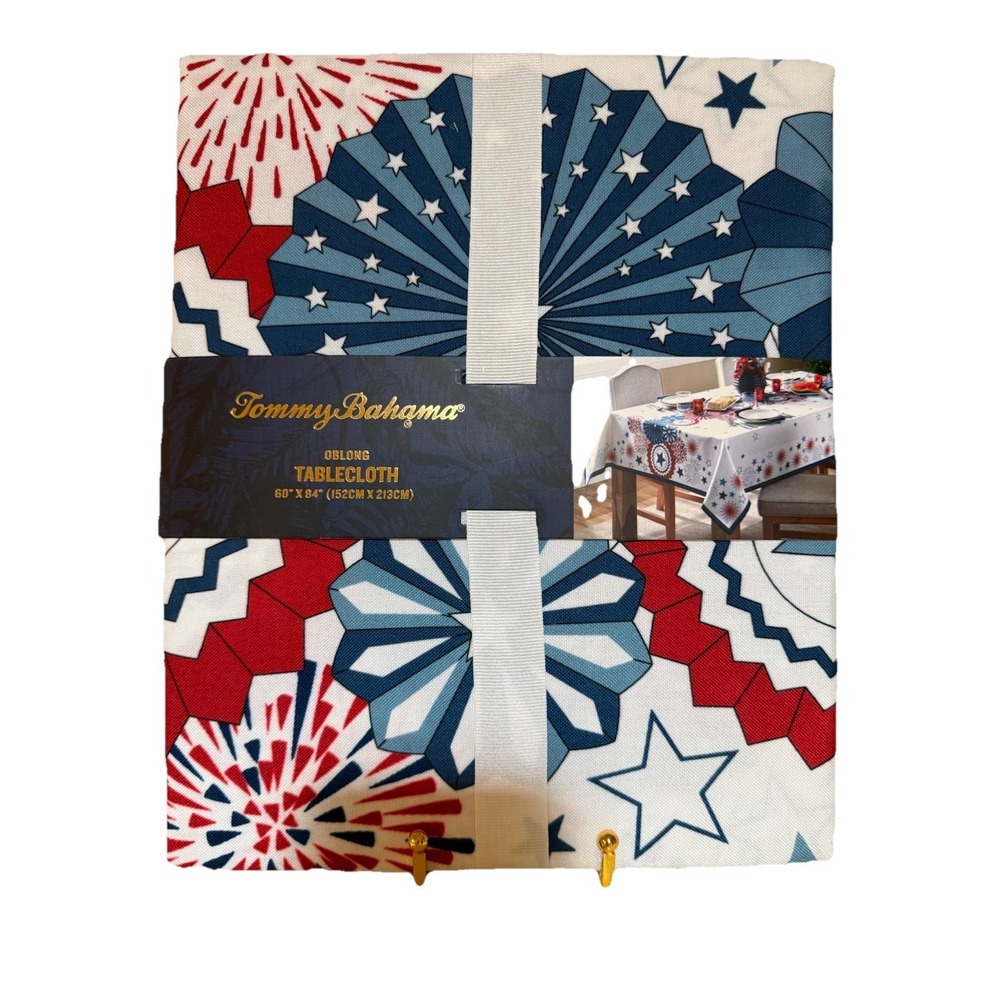 New Tommy Bahama Americana Tablecloth‎ Floral Red White Blue Oblong 60"x84"